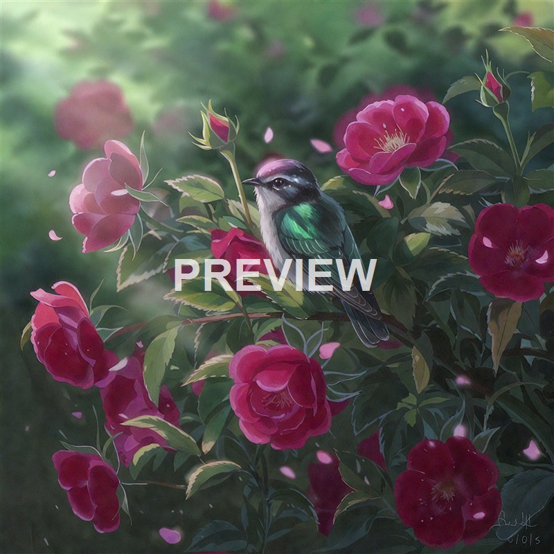 A small bird with iridescent green and white feathers perched among vibrant pink flowers and green foliage, with petals gently falling around it.